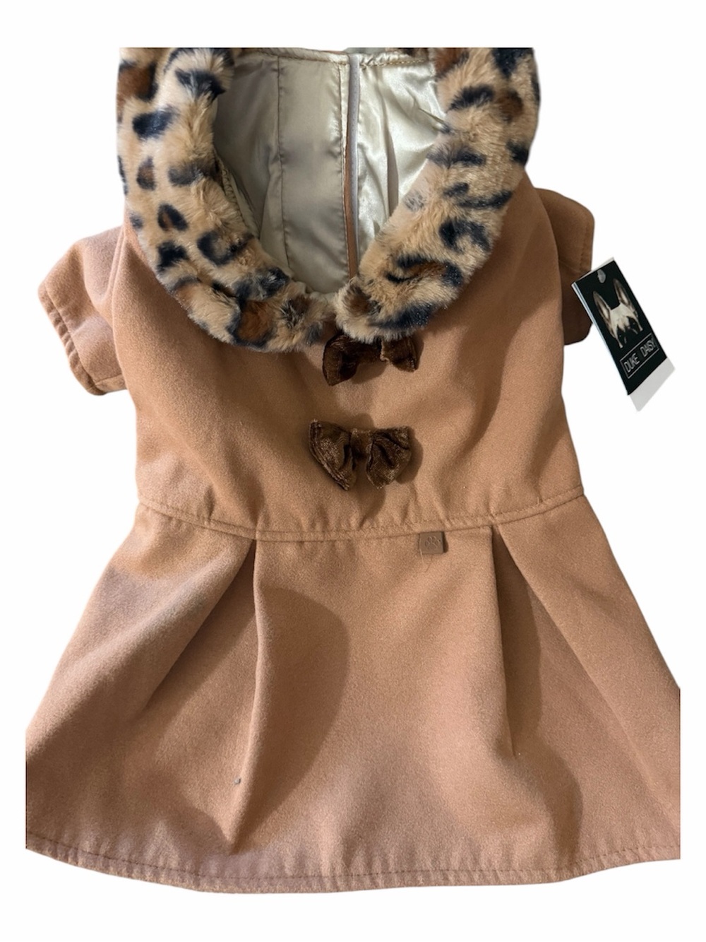 Duke & Daisy Faux-Fur Trim Camel Dog Outfit with Leopard Trim::Large::NWT::